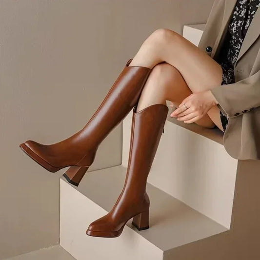 Shoes for Women 2024 New Fashion Pointed Toe Thick Heel Women's Knee High Boots Winter Warm Brown Long Boots