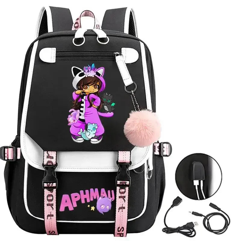 Aphmau print backpacks fashion USB charging school bags for teenage girls laptop bag cartoon bookbag students rucksack