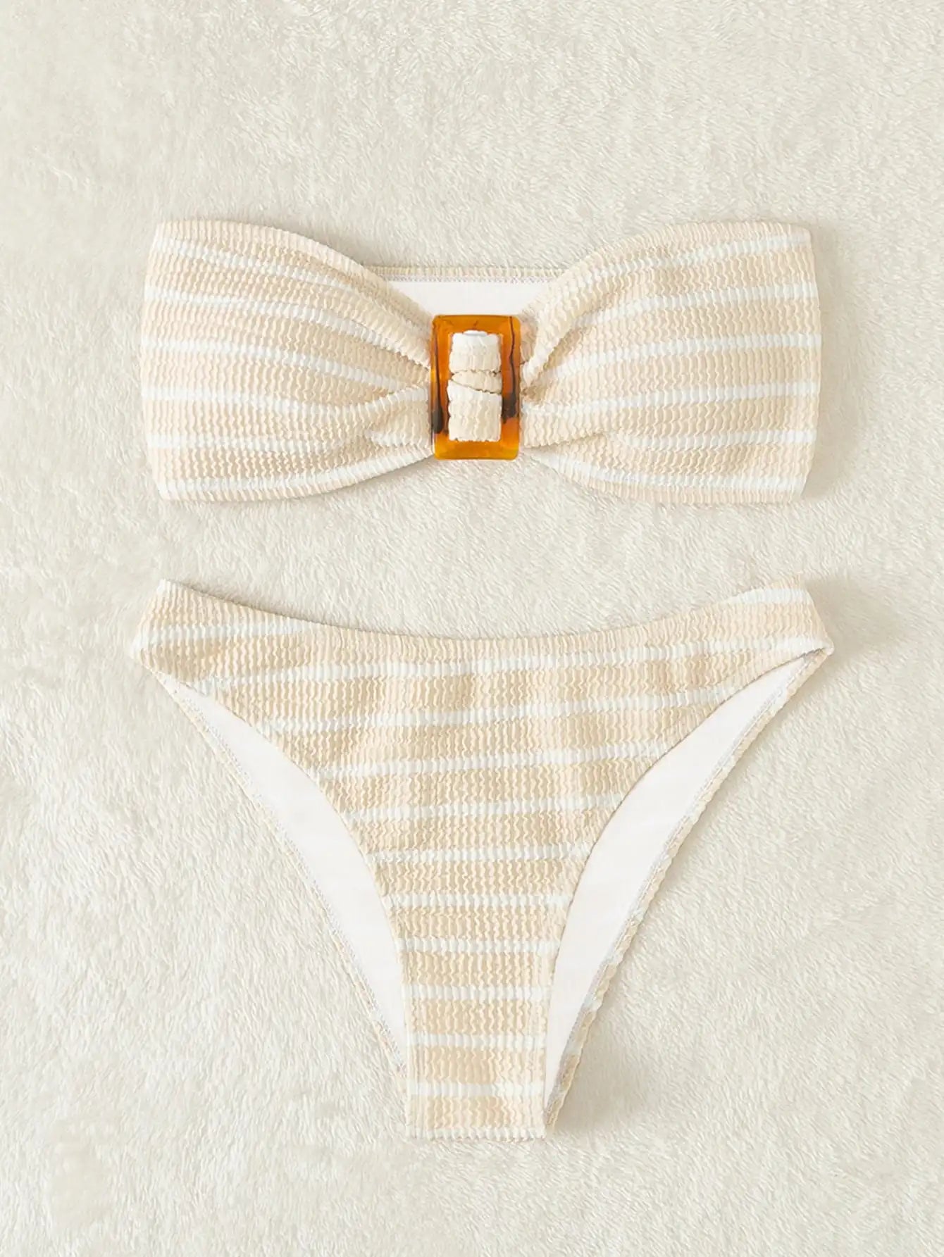 Striped Textured Bandeau Bikinis 2025 Women Sexy Swimsuit Push Up Swimwear Female Bathing Suit Swimming Summer Beachwear