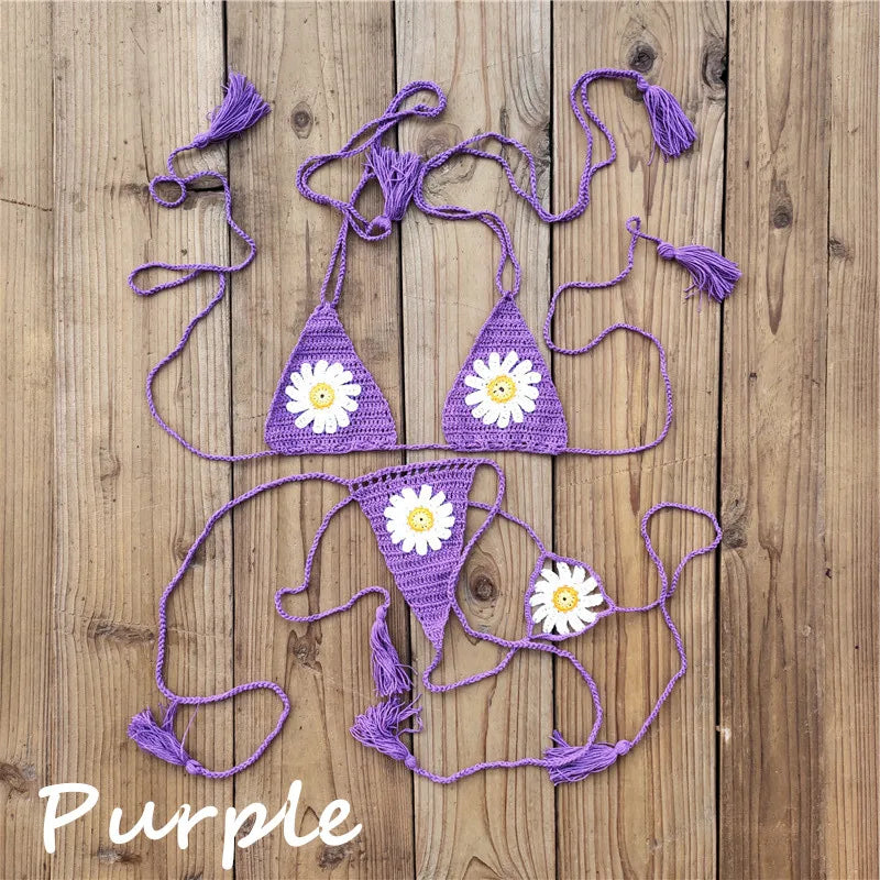 Hand crochet Cottom Thong String Daisy Applique Mini Bikini Swimwear Sunbathing Micro Swimwear
