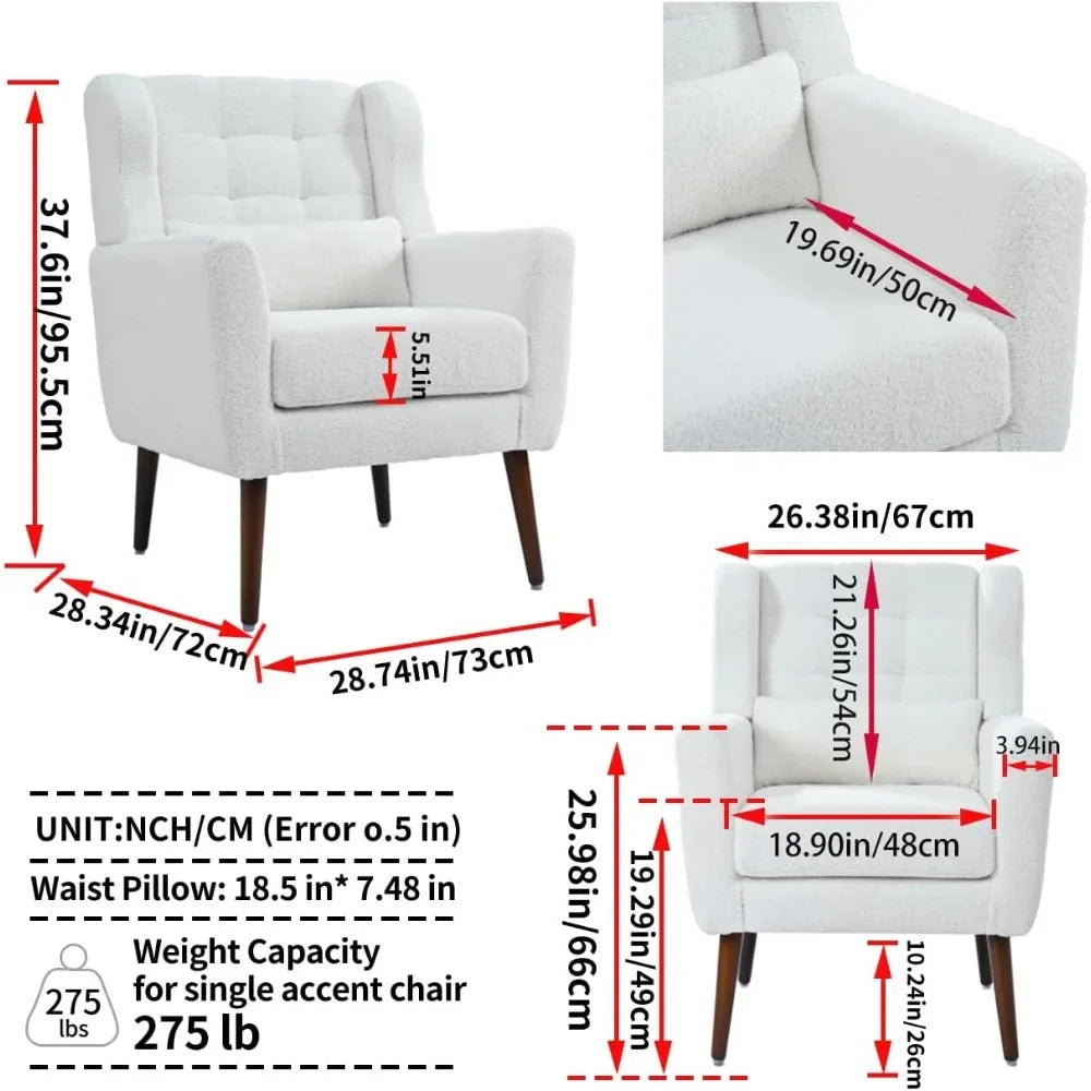 Comfy Upholstered Living Room Chairs with High Tufted Backrest and Pillow, Wingback Reading Chair with Solid Wood