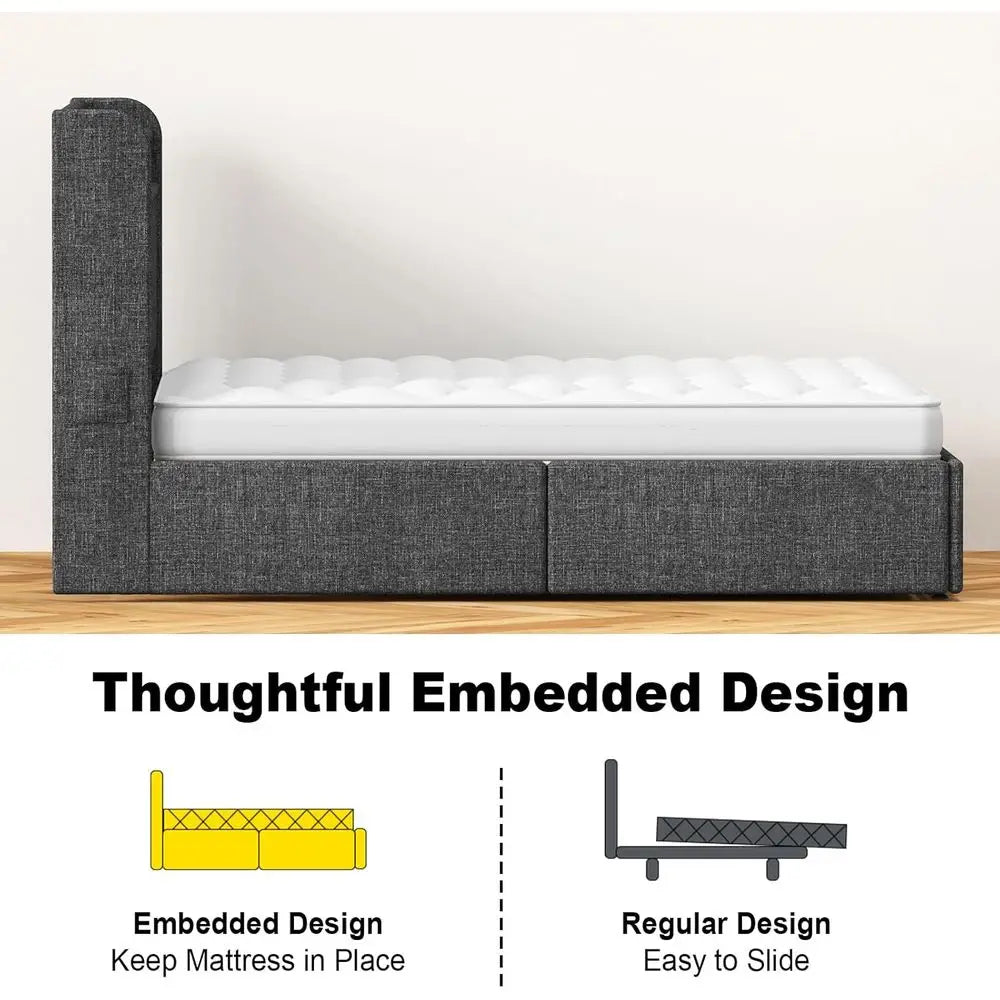 King Size Upholstered Bed Frame with Headboard, 4 Drawers, Charging Station, Dark Grey, Easy Assembly, No Box Spring Needed
