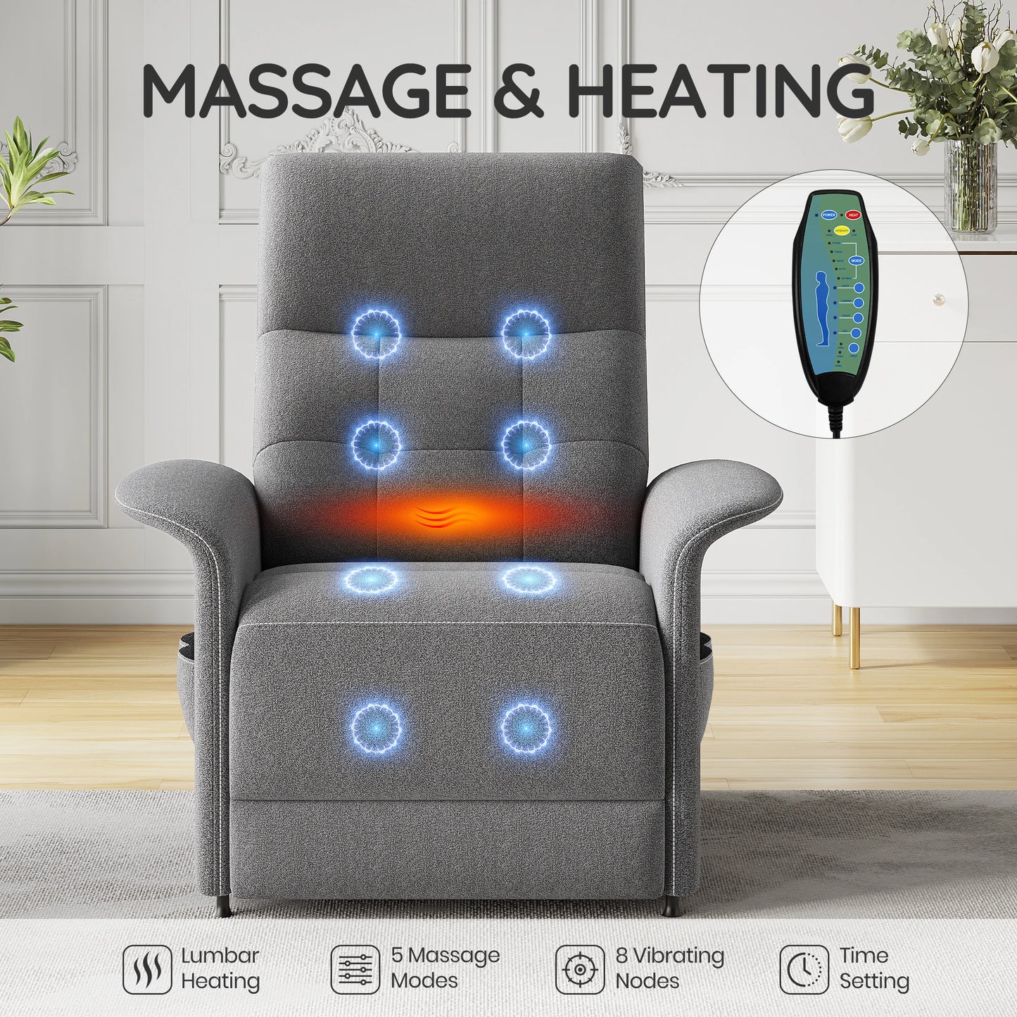 Power Recliner Chair with Heated and Massage, Adjustable Soft Fabric Reclining Chair for Adults, Theater Seating Single Sofa