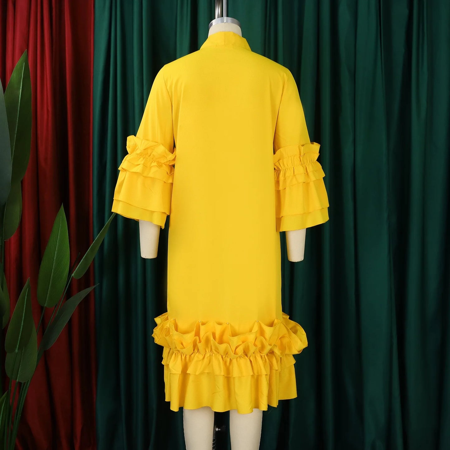 Women Dress Clothing 2024 New Arrivals Bow Collar Flare Sleeve Ruffles Straight Mid Calf Elegant Female Fashion Party Vestidos