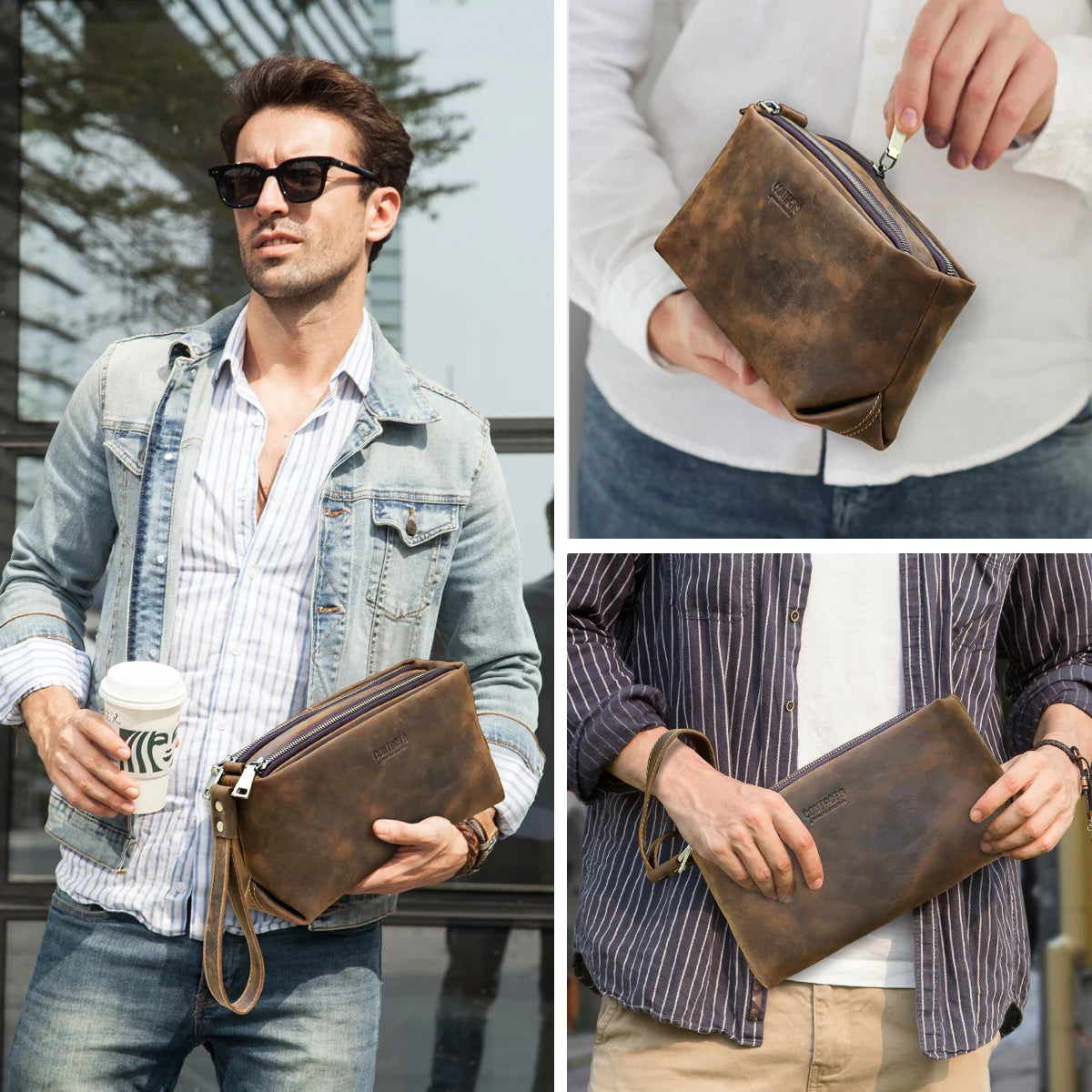 CONTACT'S Genuine Leather Men Clutch Bags Wrist Strap Crazy Horse Leather Handbag Men's Bag Phone Pocket Male Clutches Wallets