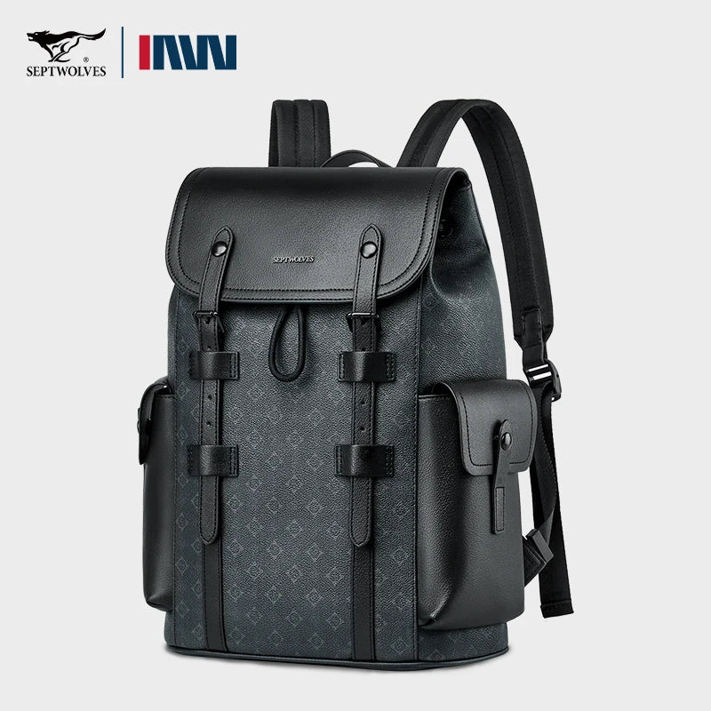 Septwolves Luxury Brand Classic Patterns Business Leather Backpack Man Drawstring Flip Designer 15.6 Inch Laptop Bags Rucksack