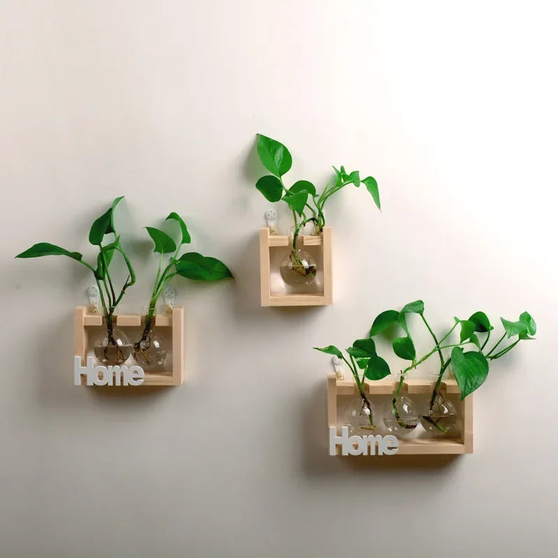 Creative Wooden Frame Hydroponic Flower Small Vase Plant Glass Bottle Container for Home Living Room Office Decoration