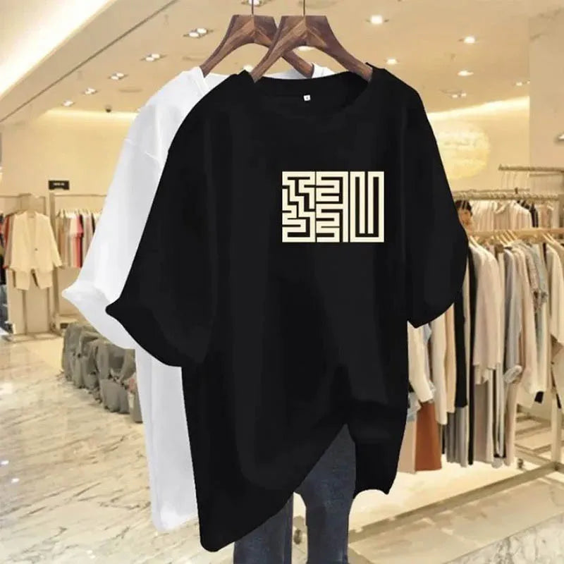 Women's Clothing Fashion All-match Pure Cotton Basic T-shirts Summer Casual Loose Geometric Print Top Tee Office Lady Pullovers