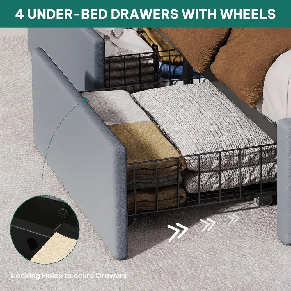 King Size Velvet Upholstered Bed Frame with 4 Storage Drawers, 57 Tall Headboard, RGB LED Lighting, and Charging Station