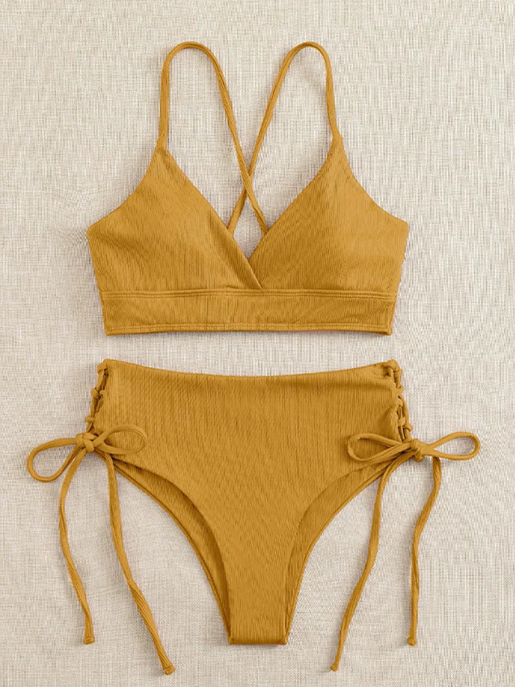 Sexy Solid V Neck Lace Up Bikinis 2 Piece Set Women Split Swimsuit High Waist Beach Bikinis 2025 New Summer Swimwear Bikinis Set