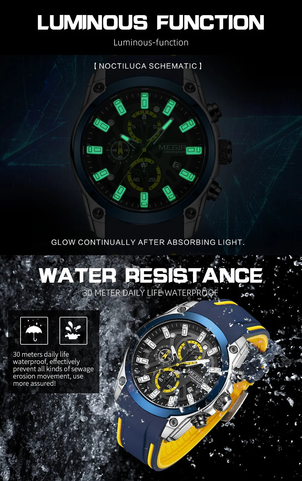 MEGIR Men's Watches Top Brand Luxury Sport Military Wristwatch Chronograph Luminous Date Quartz Watch Silicone Strap Male Clock