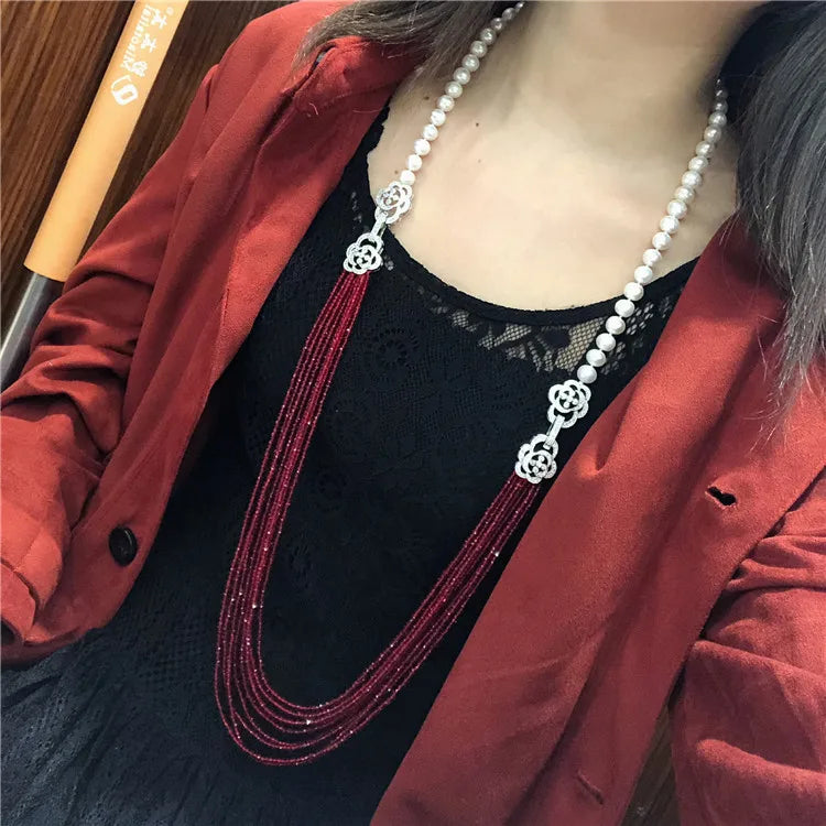 NEW hot sell 8-9mm Potato shape white freshwater pearl necklace multilayer long sweater chain fashion jewelry 30inches