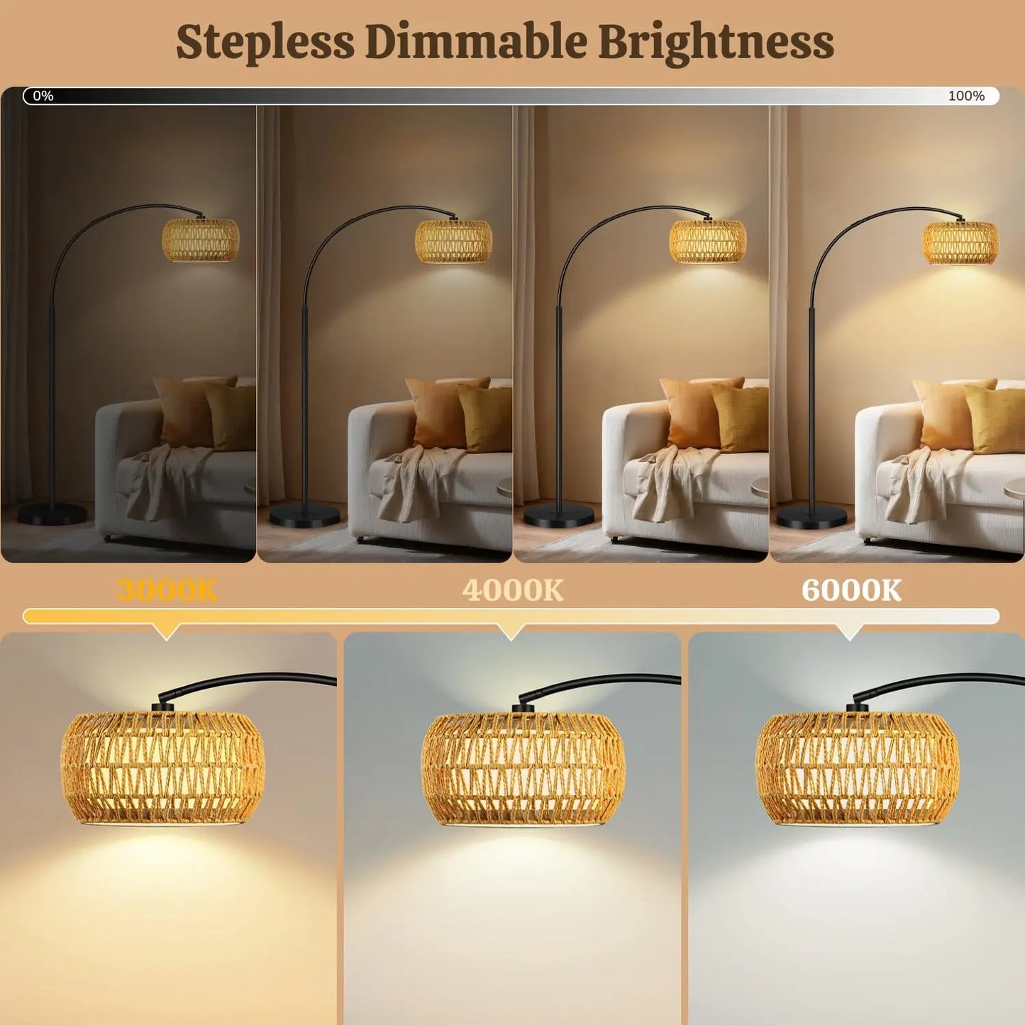 Arc Floor Lamp, Rattan Boho Standing Lamp with Remote, 3-Temperature Dimmable LED, Black Floor Light for Living Room, Bedroom, C