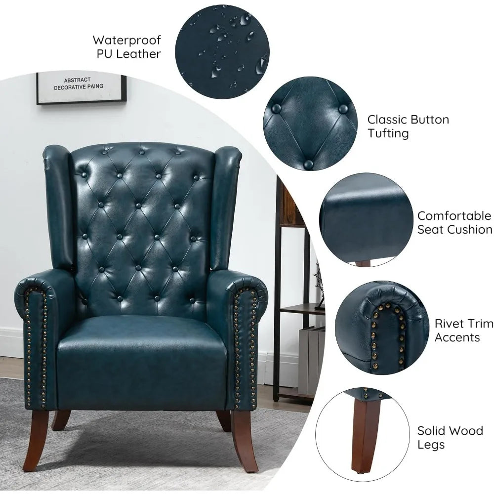 Modern PU Leather Accent Chair, Living Room Lounge Sofa Chair with Buttons, Single Club Armchair with Rivet Trim for Bedroom Ho