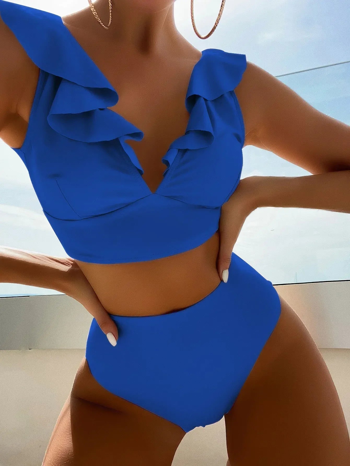 2025 Women's Sexy High Waist Swimsuit Ruffle Bikinis Push Up Bikinis Set Summer Beach Wear Bathing Suit Female Solid Swimwear
