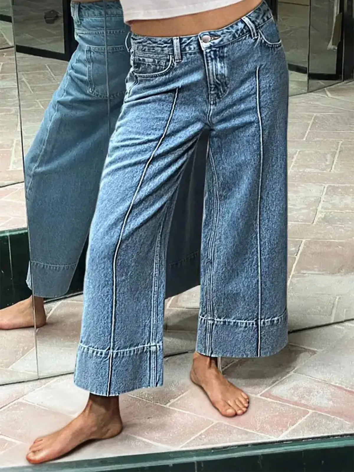 Women's non-elastic washing light blue wide feet fashionable simple wide-leg casual jeans