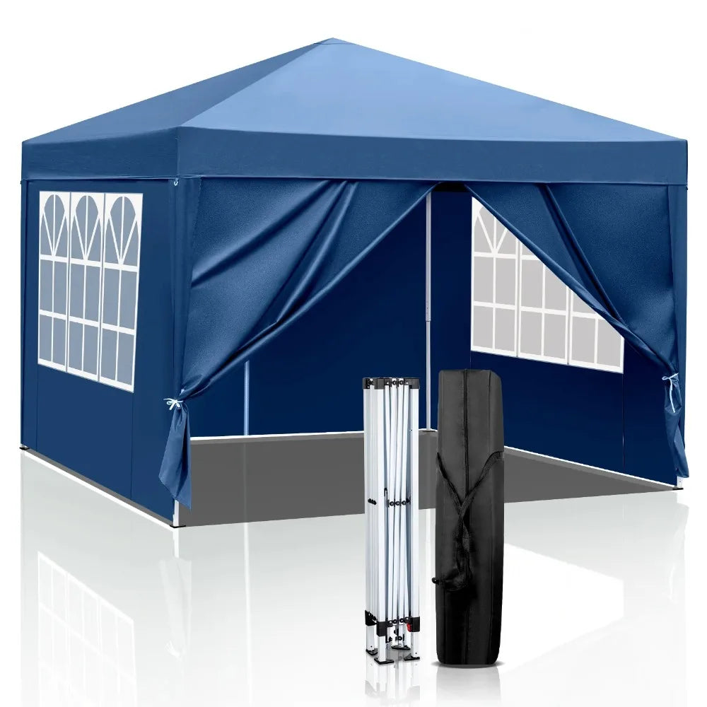 10' x 10' Folding Tent Gazebo Wedding Party Canopy Pop Up Instant Shelter W/ Two Doors & Two Windows and Carry Bag Blue