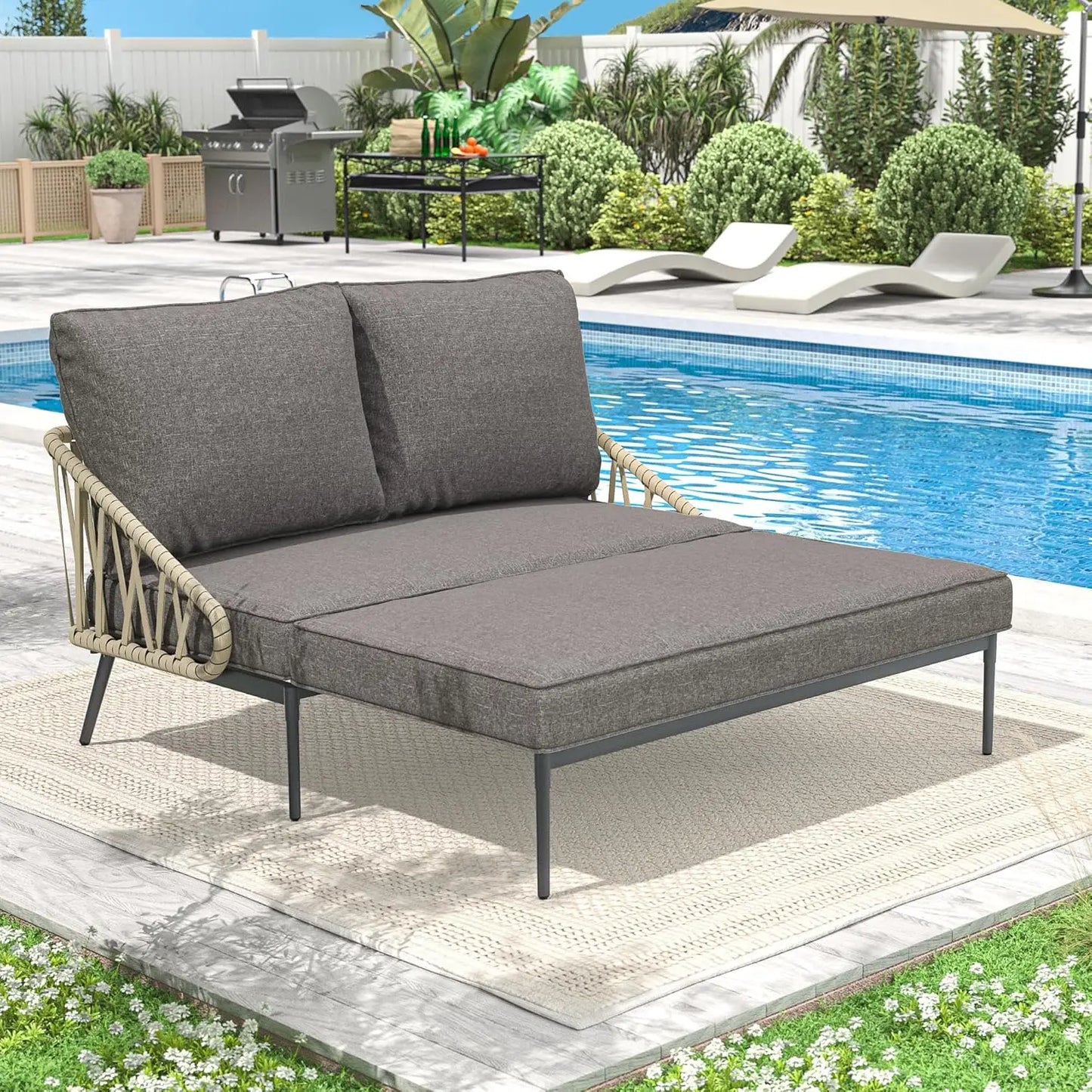 Patio Adjustable Daybed, 2-Person Outdoor Daybed with Cushions and Pillows, Woven Rope Patio Loveseat Garden Adjustable Reclinin