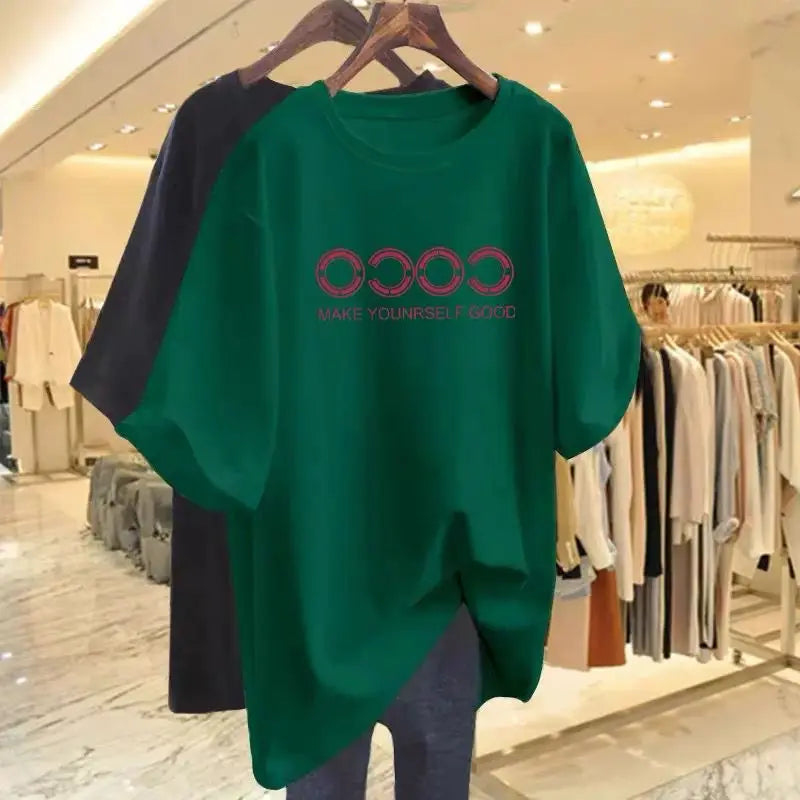 Women Clothing Chic Printed T-shirt, Summer, Pure Cotton, Short Sleeve O-neck Pullovers, Basics Tees Top