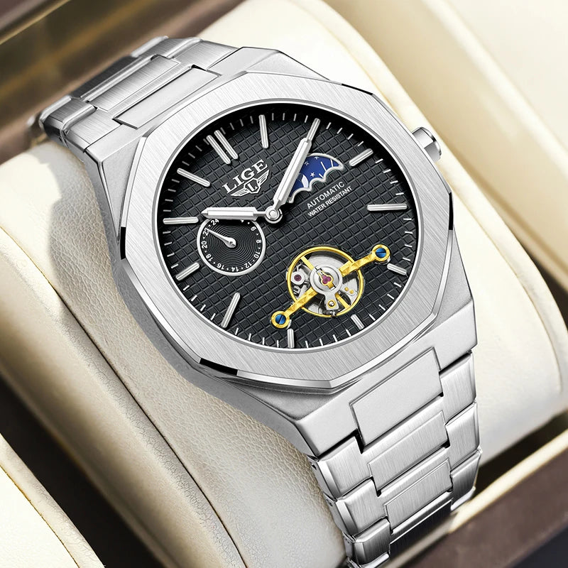 LIGE New Automatic Watches For Men Outdoor Sports Waterproof 24 Hours Moon Phase Watch Men Luxury Men's Mechanical Wristwatch