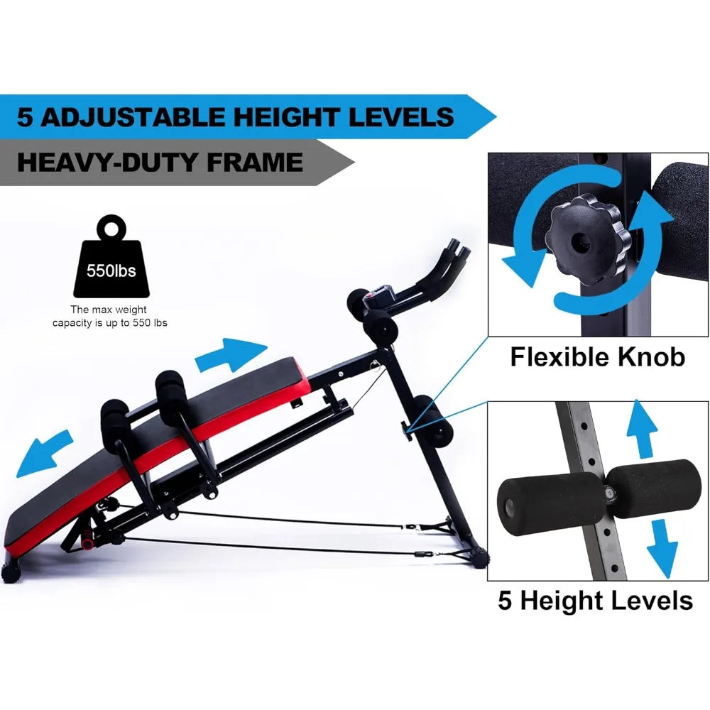 Abs workout machine, core abs workout equipment, adjustable sit-ups, collapsible, resistance band and LCD display