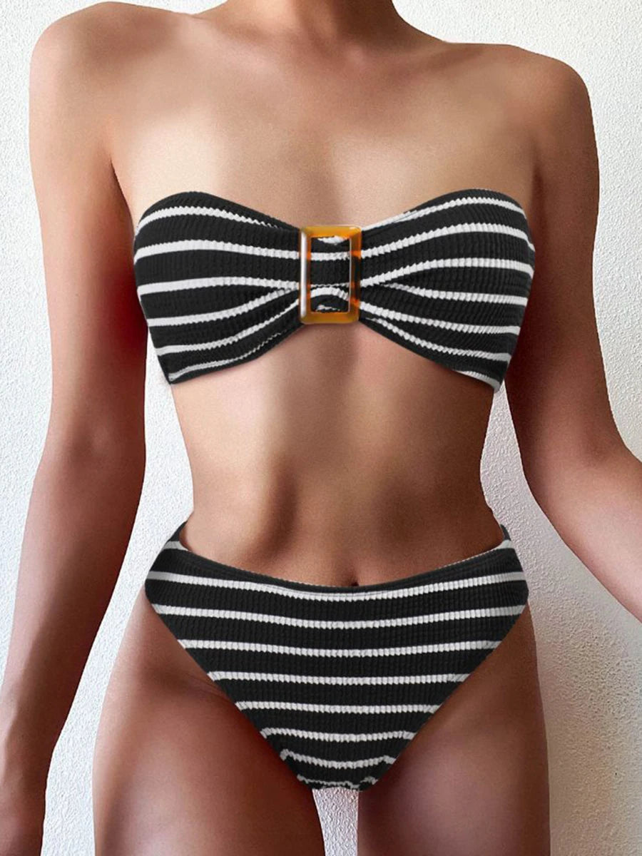 Striped Textured Bandeau Bikinis 2025 Women Sexy Swimsuit Push Up Swimwear Female Bathing Suit Swimming Summer Beachwear