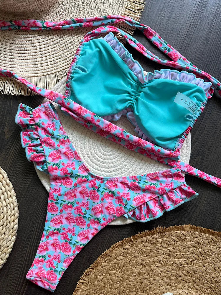 Sexy Print Strapless Bikinis 2 Piece Set Women Split Swimsuit High Waist Backless Laced Up Bikinis 2025 New Summer Bikinis Set