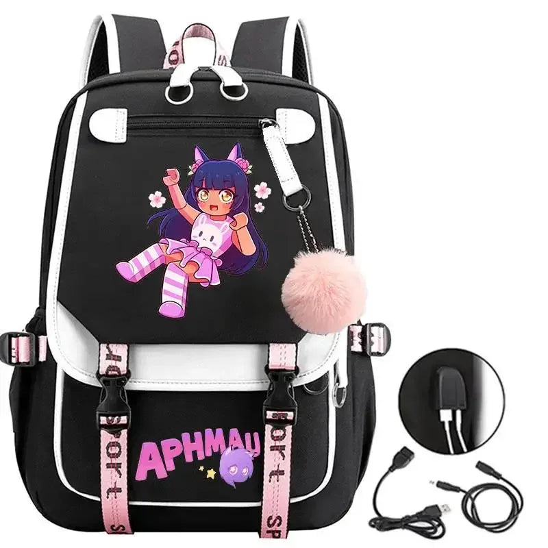 Aphmau print backpacks fashion USB charging school bags for teenage girls laptop bag cartoon bookbag students rucksack