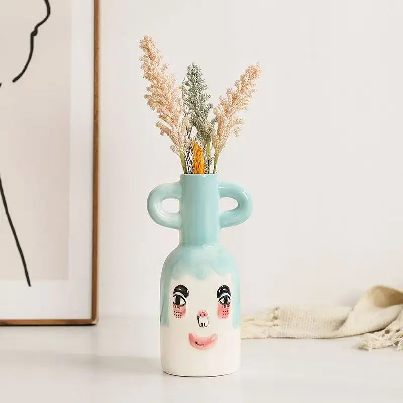 Dual Handles Ceramic Vase Modern Bohemian Home Decor Hand-Painted Vases for Flowers Living Room Decoration Weddings Parties
