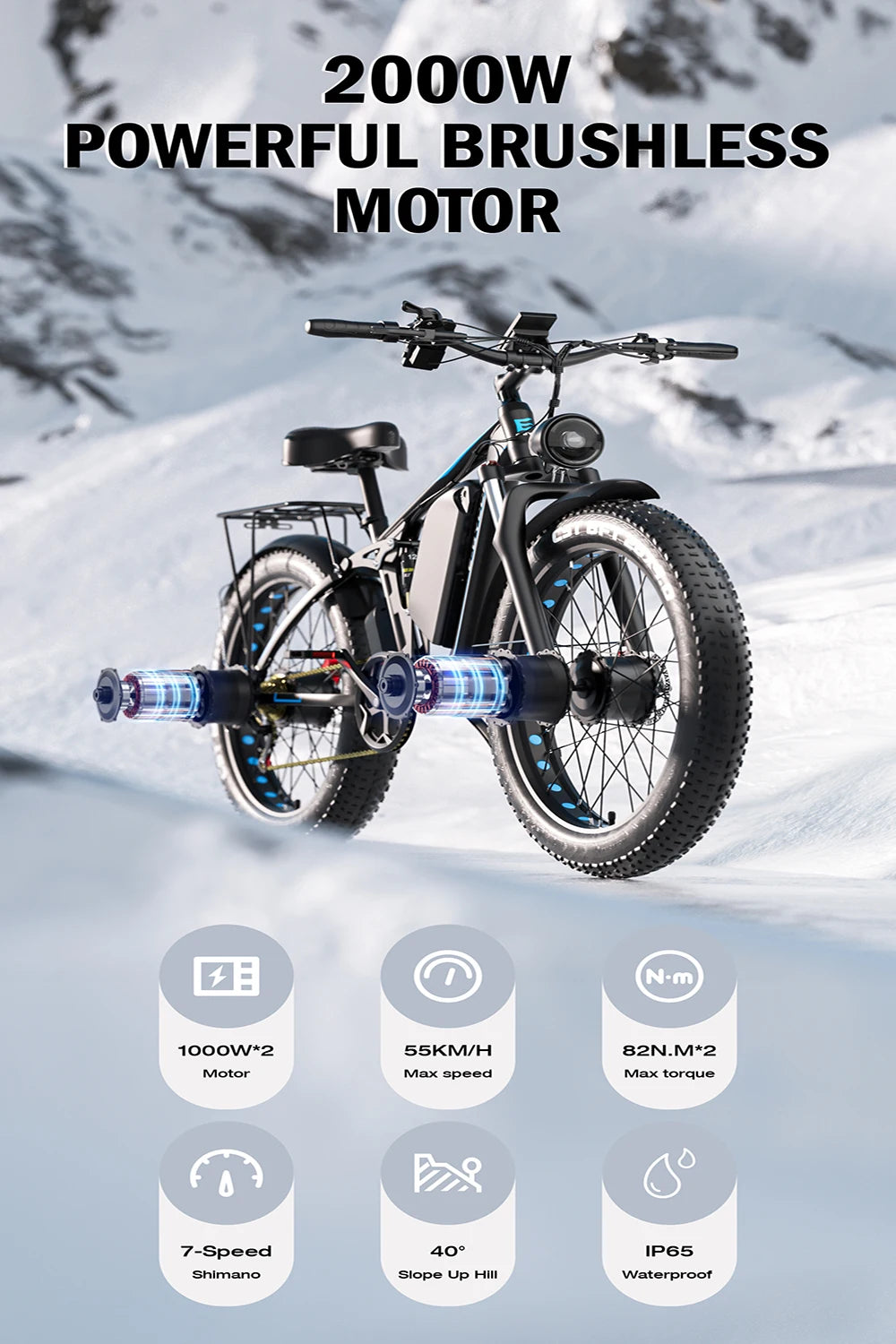 Off-Road Full Suspension E- Bike 2000W Dual Motor 52V 23AH Battery Mountain E- Bike 26 Inch Fat Tire Electric BikeSpeed 55KM/H