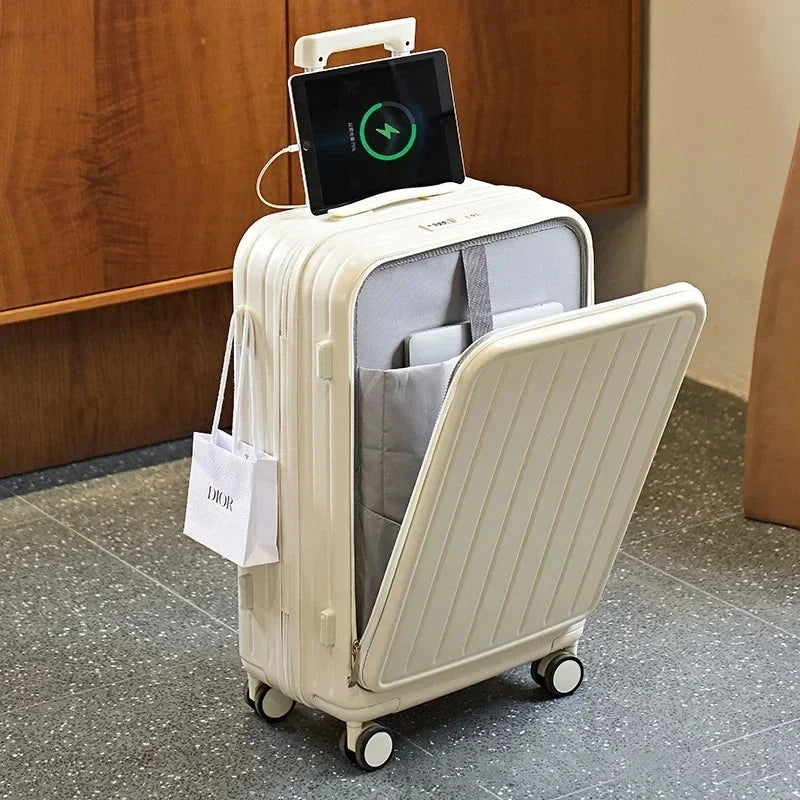20inch Multi Functional Front Opening Luggage Compartment Charging Port Trolley Box Travel Box Aluminum Frame Mount Case