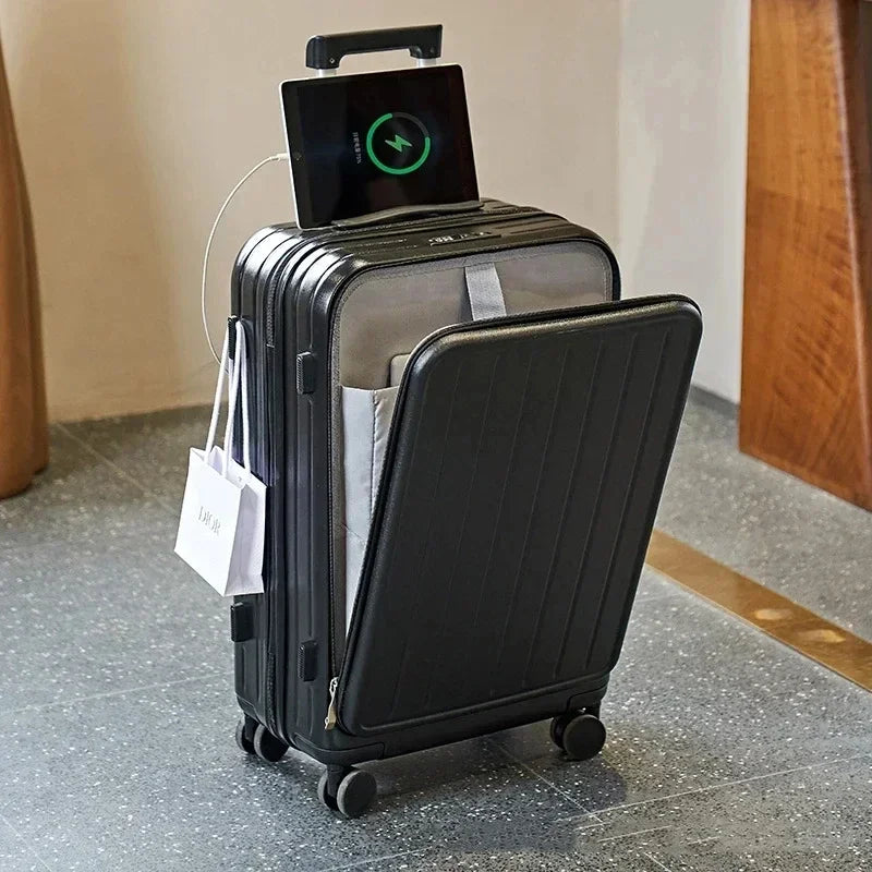 20inch Multi Functional Front Opening Luggage Compartment Charging Port Trolley Box Travel Box Aluminum Frame Mount Case