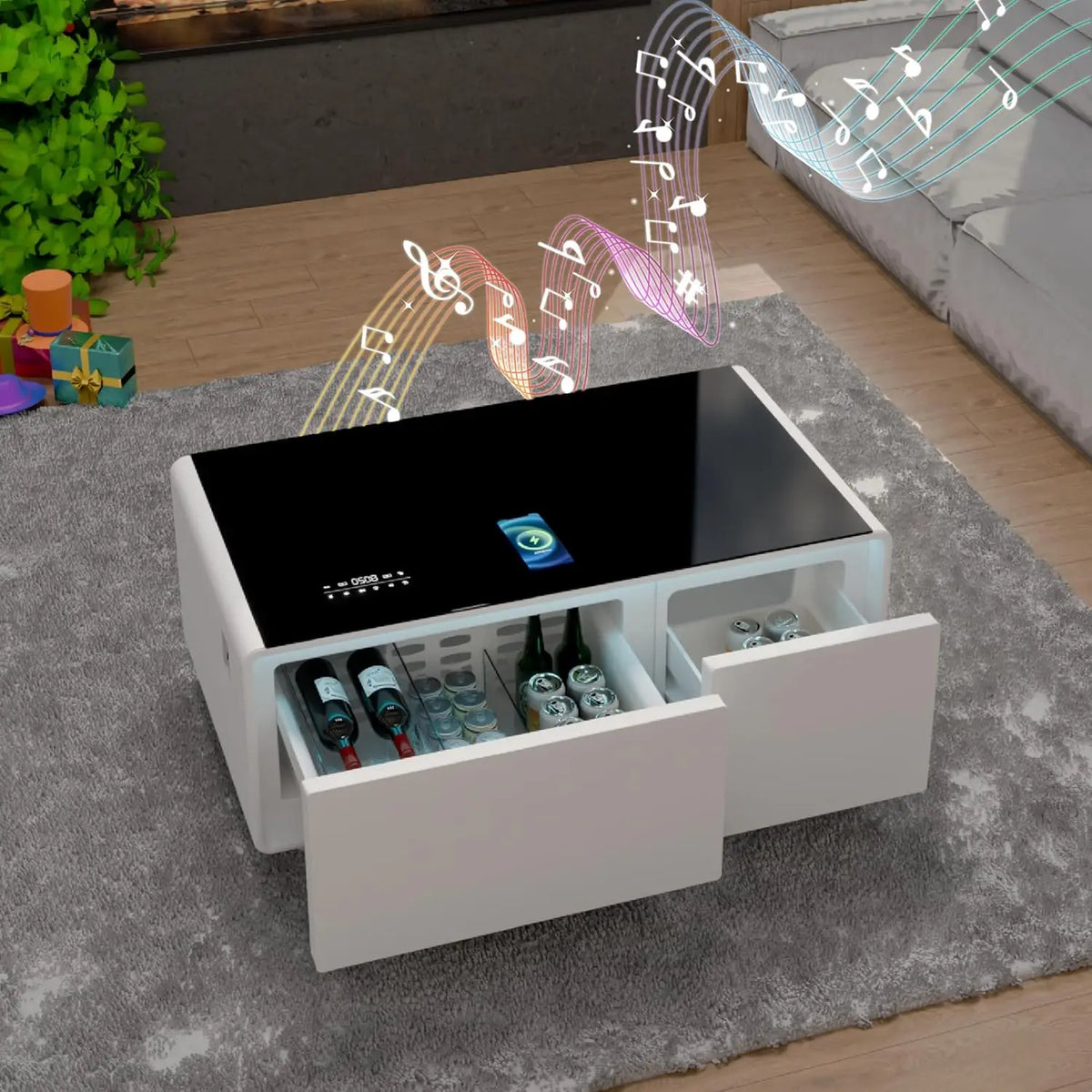 Smart Coffee Table, Living Room Table with Built in Fridge, 23" D x 41.5" W x 18.2" H, 15W Wireless Charging, USB Chargers
