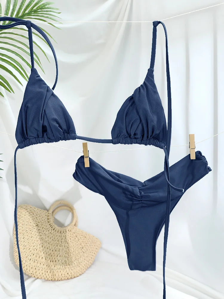 2025 Bikinis Summer Swimwear For Women Biquini Folds Bikini Set Bathing Suit Low Waist Swimsuit String Bikinis Beach Wear