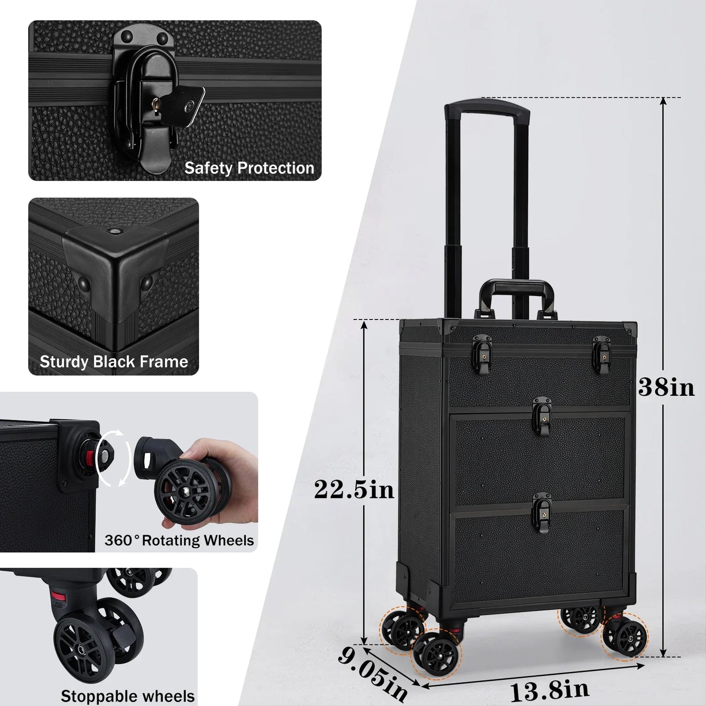 Professional 3 in 1 Rolling Makeup Case on Wheels 2 Large Drawer Nail Trolley Traveling Cosmetic Train Case with Makeup Pouch