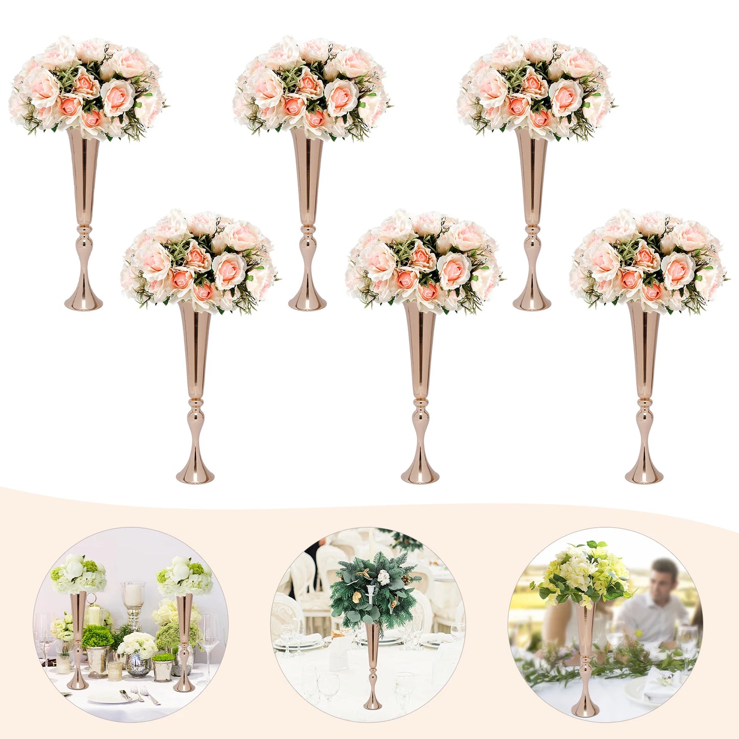 6Pcs Metal Trumpet Vases Desktop Metal Trumpet Centerpieces Vase Welcome Area Road Guide Flower Holder Height Wedding Props