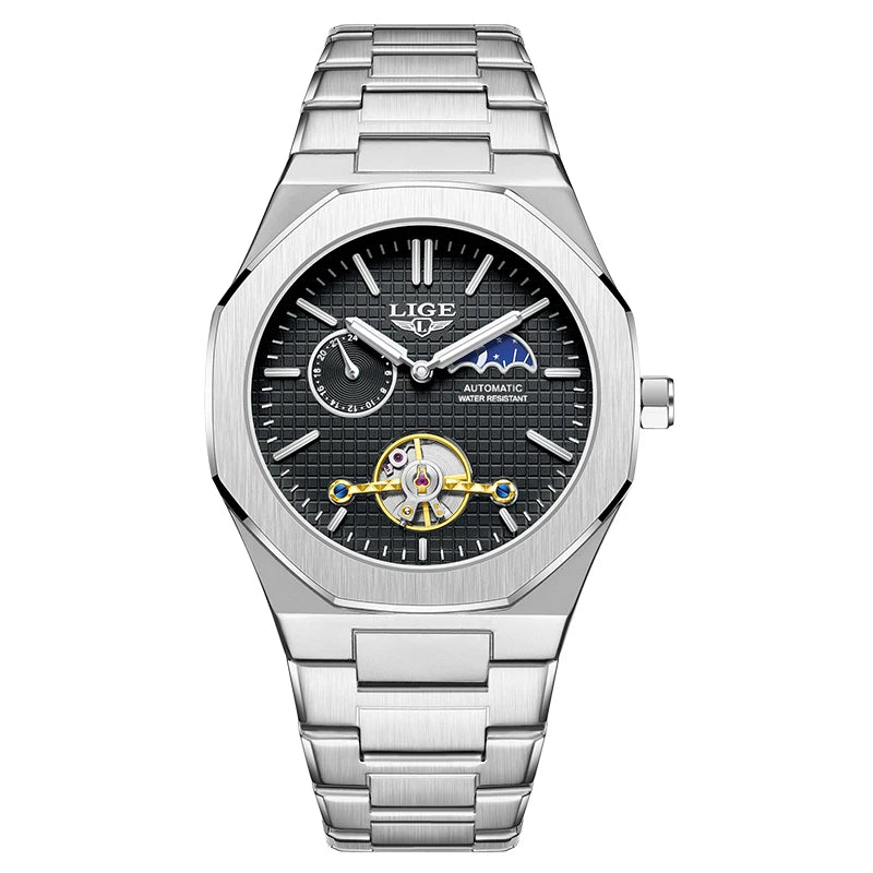 LIGE New Automatic Watches For Men Outdoor Sports Waterproof 24 Hours Moon Phase Watch Men Luxury Men's Mechanical Wristwatch
