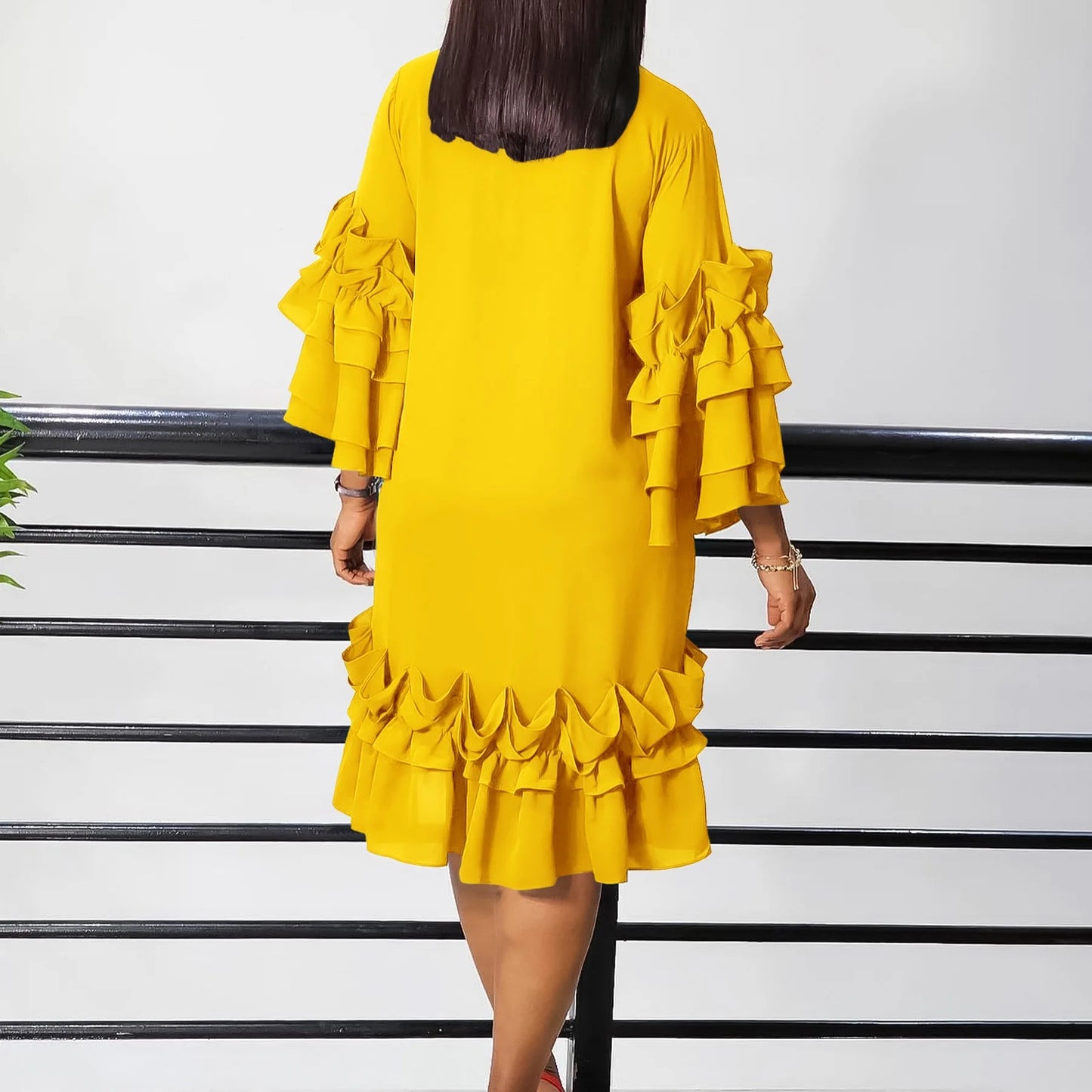 Women Dress Clothing 2024 New Arrivals Bow Collar Flare Sleeve Ruffles Straight Mid Calf Elegant Female Fashion Party Vestidos