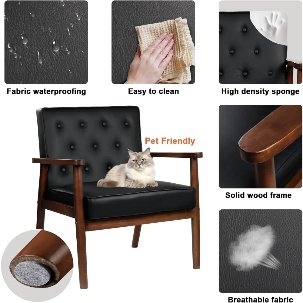 Mid Century Modern Chair, PU Leather Accent Chair Set of 2 with Wood Arms, Living Room Chairs, Reading Armchair for Bedroom, Wa