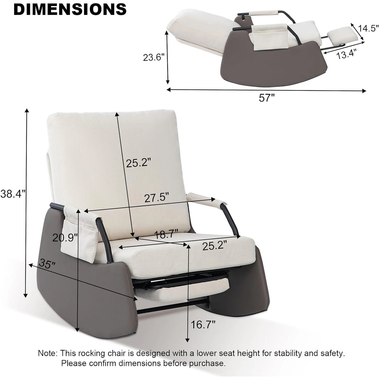 Rocking Recliner Chair Modern Sofa Chairs Upholstered Plush Seating Glider Recliner Chair with Side Pocket 3 Levels Adjustment