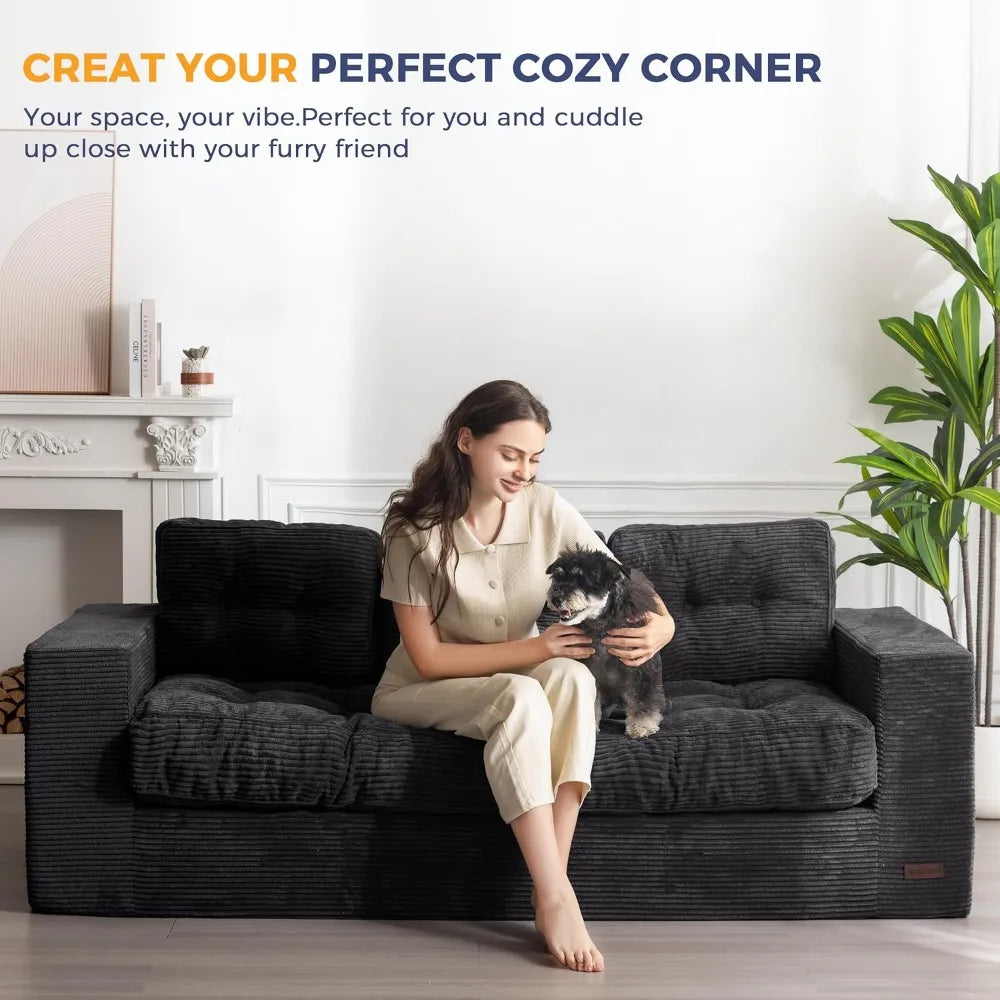 3 Seater Couch for Living Room, Boneless Couch with Tufted Cushion & Backrest, Upholstered Floor Sofa with Armrests, Sofa in A
