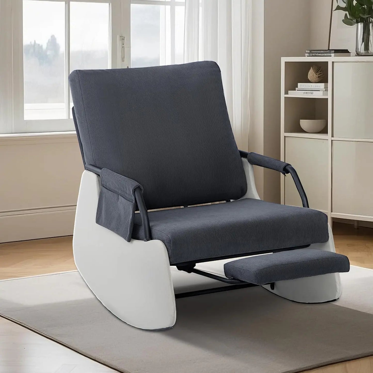 Rocking Recliner Chair Modern Sofa Chairs Upholstered Plush Seating Glider Recliner Chair with Side Pocket 3 Levels Adjustment