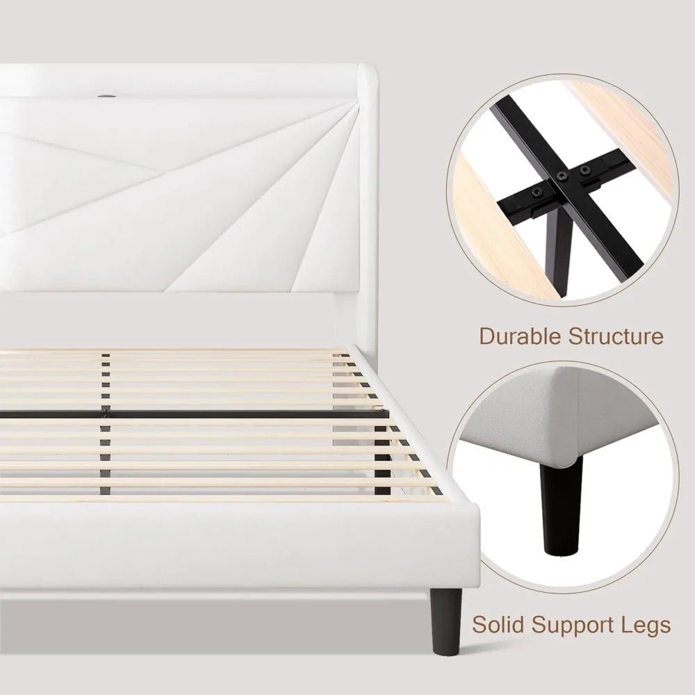 Queen Size Bed Frame with Upholstered Headboard, Storage and Charging Station, Wood Slat Support