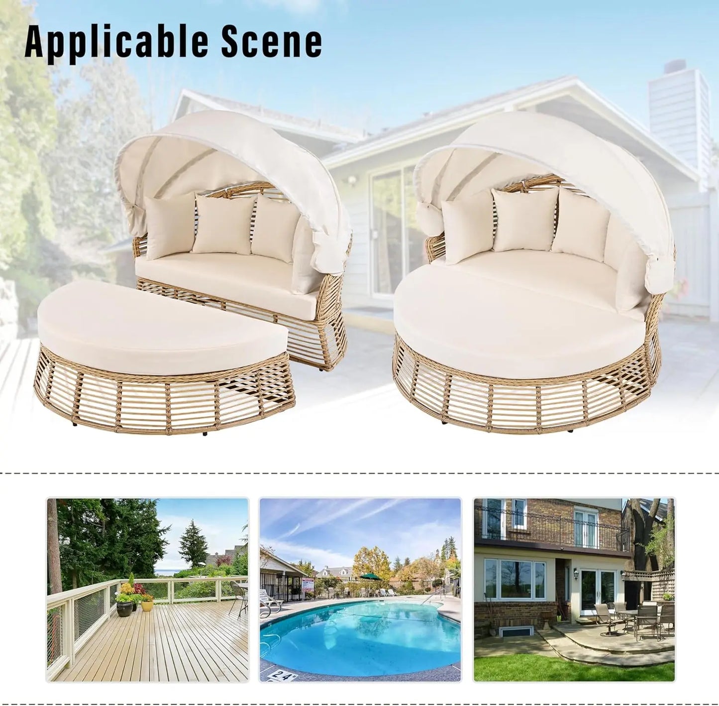 Outdoor Patio Rattan Round Daybed with Retractable Canopy Wicker Furniture Round Poolside Sofa Sunbed with Removable Cushions (B