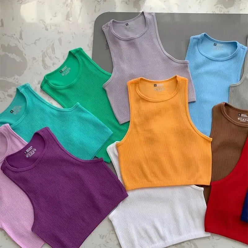 1pcs Solid Sleeveless Women Running Yoga Wear Clothing Slim Fit Quick Drying Ribbed Crop Tank Top