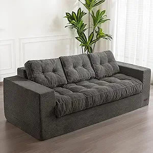 3 Seater Couch for Living Room, Boneless Couch with Tufted Cushion & Backrest, Upholstered Floor Sofa with Armrests, Sofa in A