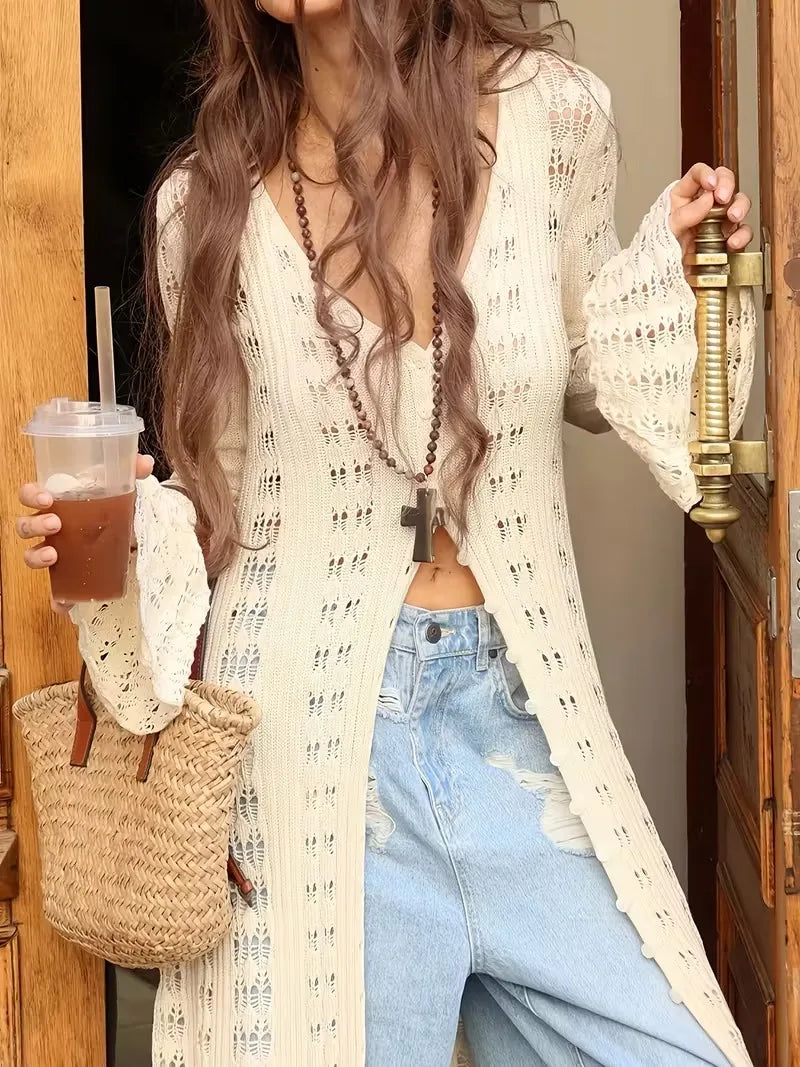Women's Elegant Long Sleeve Cardigan - V-Neck Collar Button Front Closure, Solid Beige Layered Sweater for Spring/Fall, Casual t