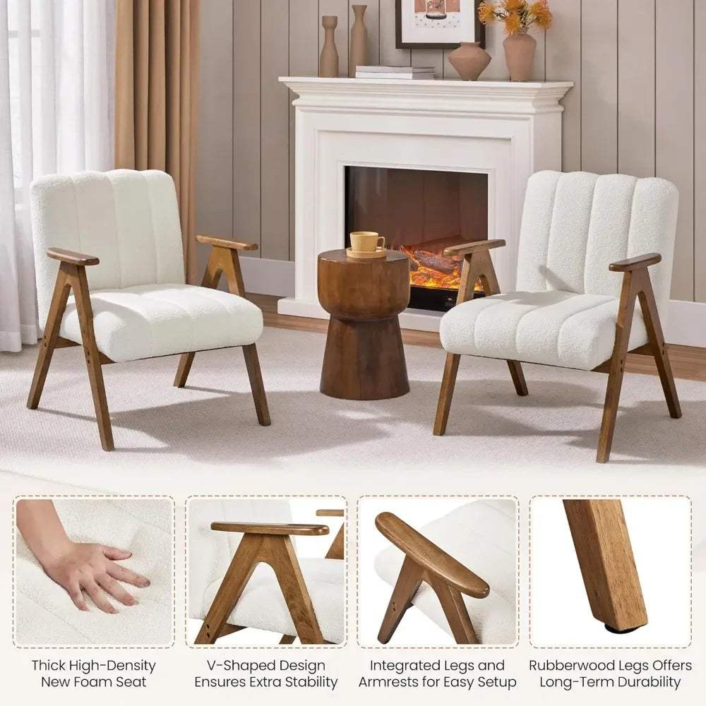 Boucle Fabric Mid Century Accent Chair Set of 2, Modern Upholstered Living Room Chairs with Solid Wood Legs