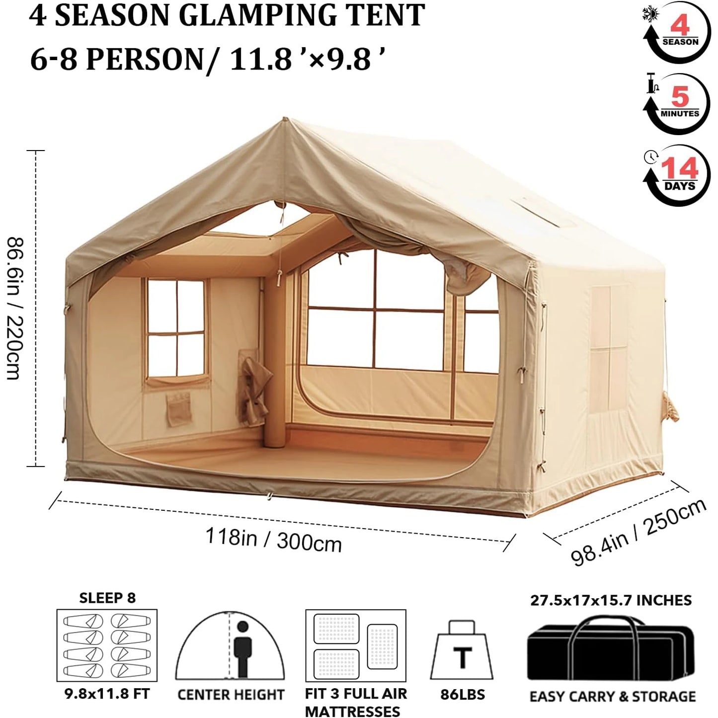 10'x 8' Inflatable Camping Tent,4 Season Blow up Tents for Camping,Large Inflatable Tent 6-8 Person with Jack Stove,AC Vent