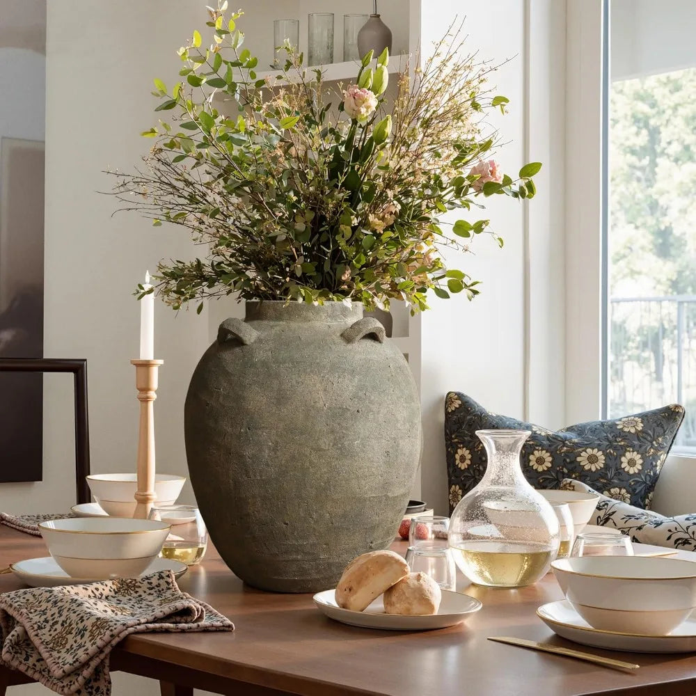 Large Rustic Terracotta Floor Vase, 15 Inch Tall Brown Ceramic Cauldron for Living Room Decor and Home Décor Ideas